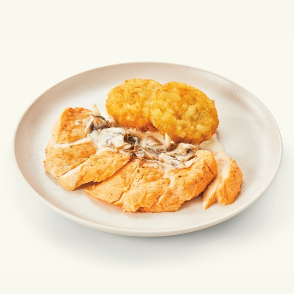 Хэшбраун с грибным соусом и куриным филе